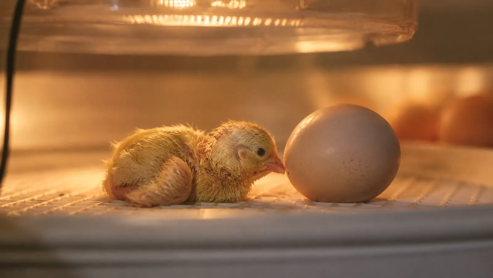 Newly hatched wet chick resting on a white incubator tray next to an unhatched egg