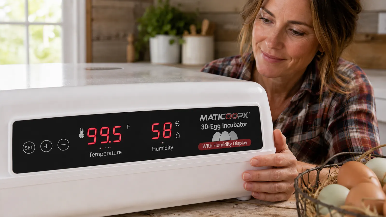 Close-up of an incubator digital display showing 99.5 degrees Fahrenheit and 58 percent humidity