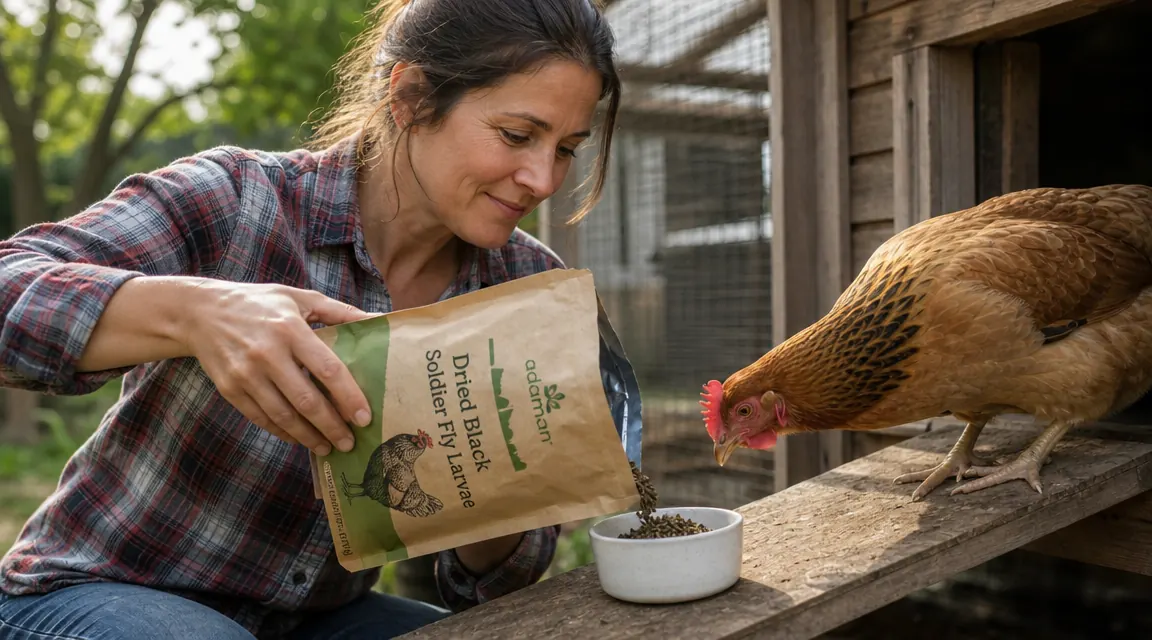 Hand pouring Adaman BSFL from a bag into a small ceramic bowl beside a chicken