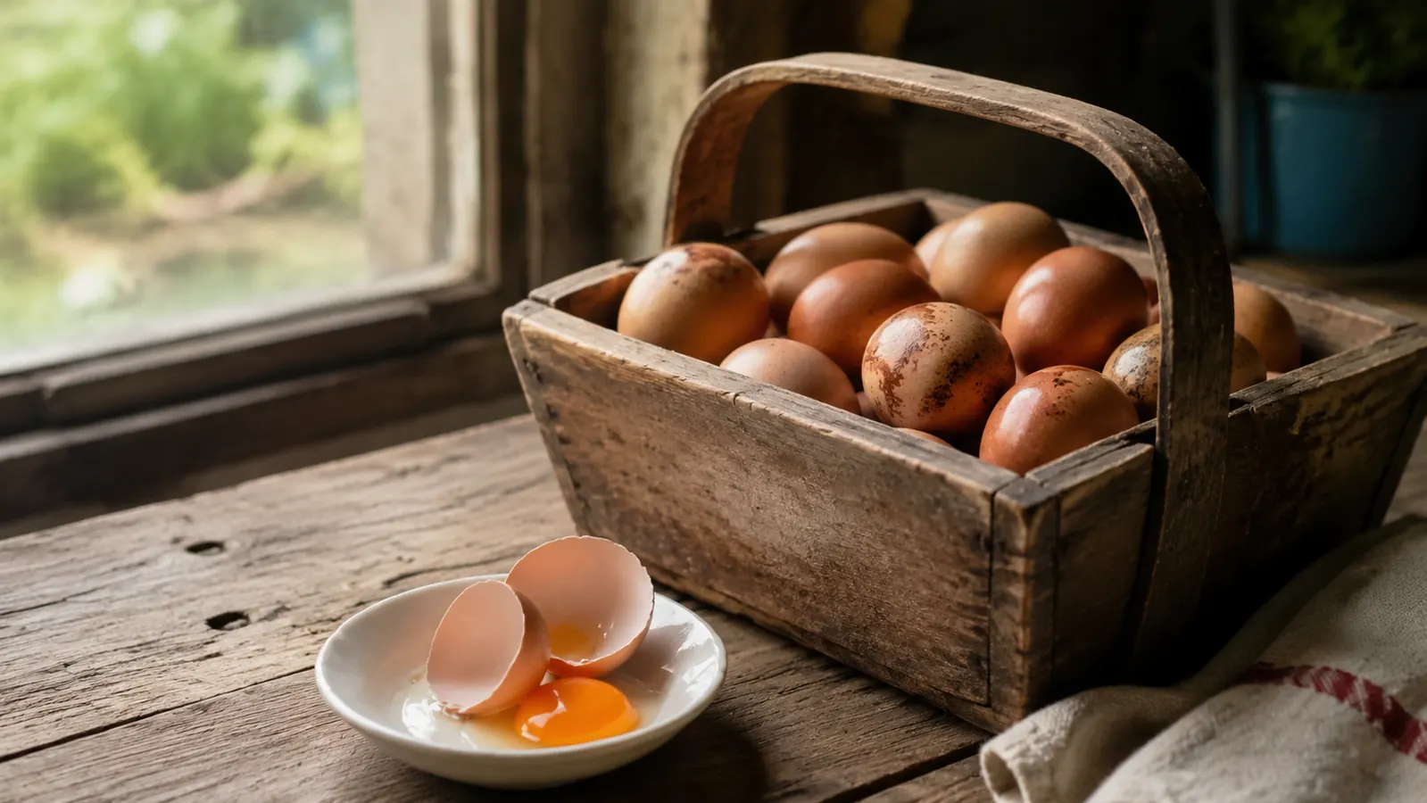Freshly collected eggs in a wooden basket showing deep orange yolks in a cracked egg beside the basket