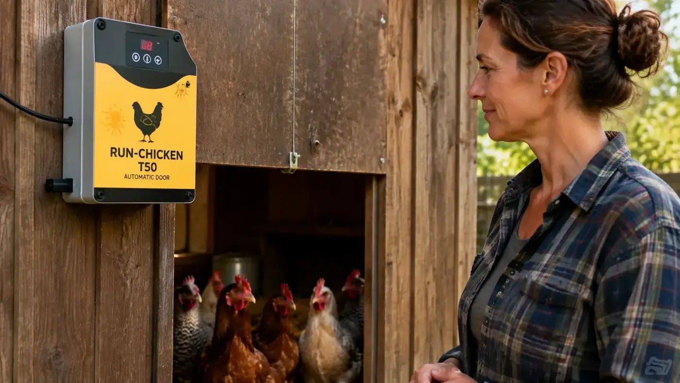 RUN-CHICKEN T50 automatic door opener mounted on the side of a coop, showing the motor unit and door panel