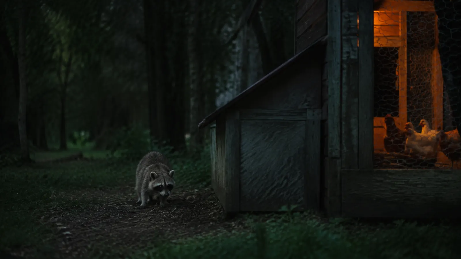 Raccoon at the edge of a yard near a chicken coop at night, representing the predator threat after dark