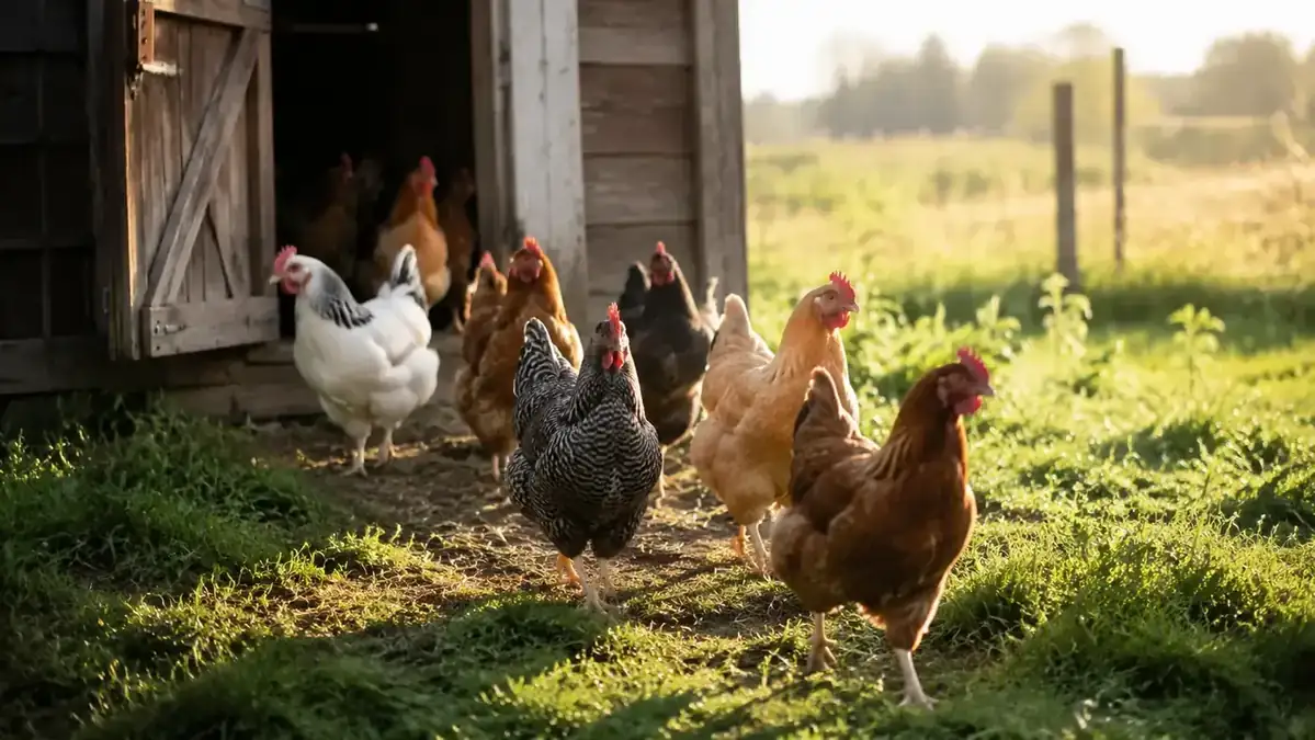 Chickens filing out of an open coop door in early morning light, free-ranging into a grassy backyard