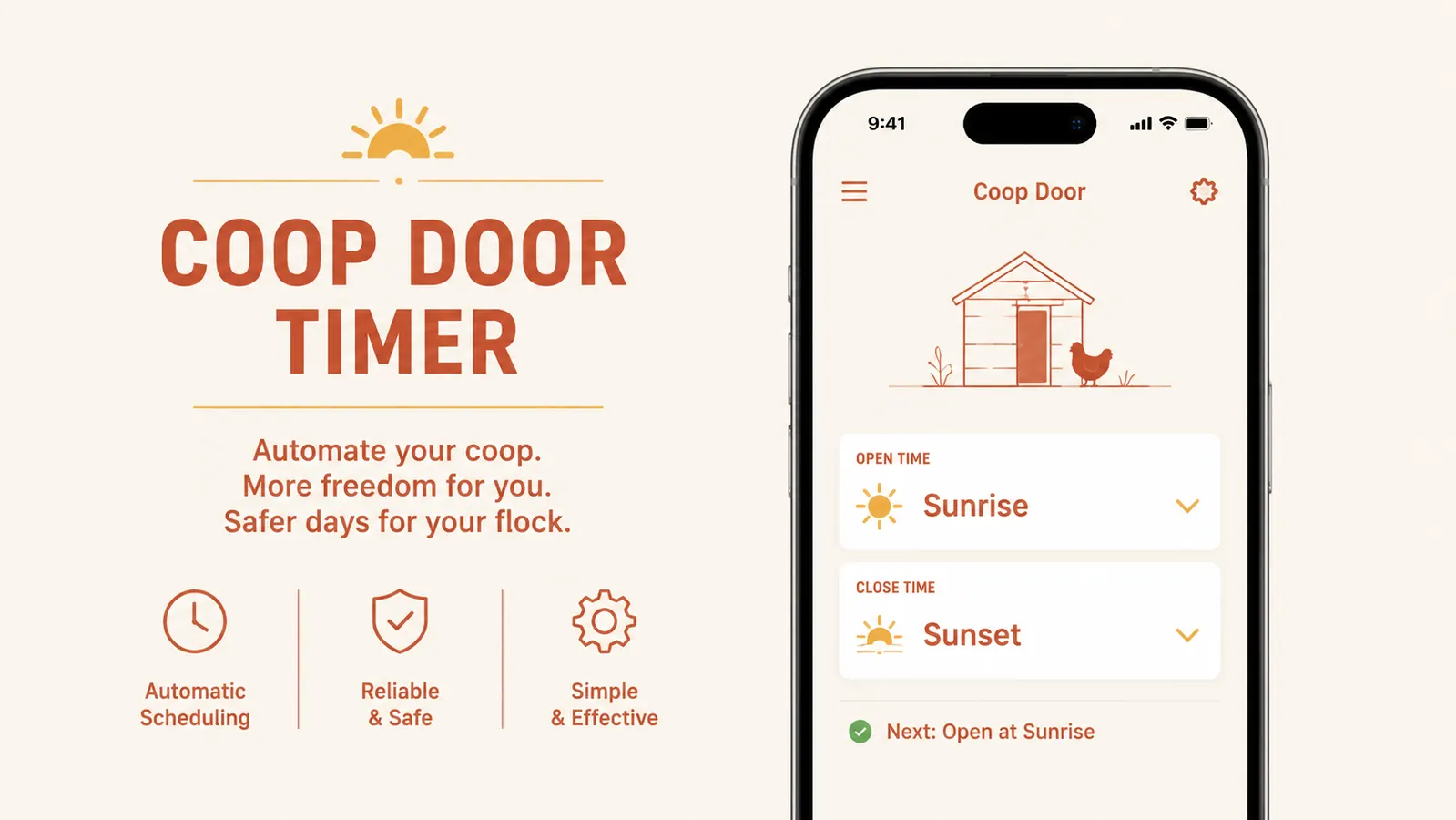 Phone app showing automated coop door schedule settings for sunrise and sunset times
