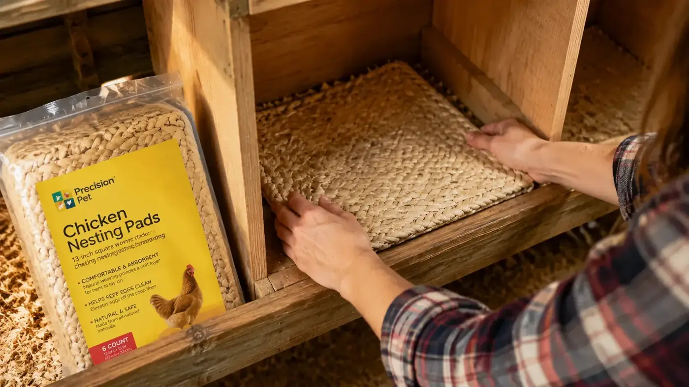 Hands placing a Precision Pet nesting pad into a wooden nesting box inside a chicken coop