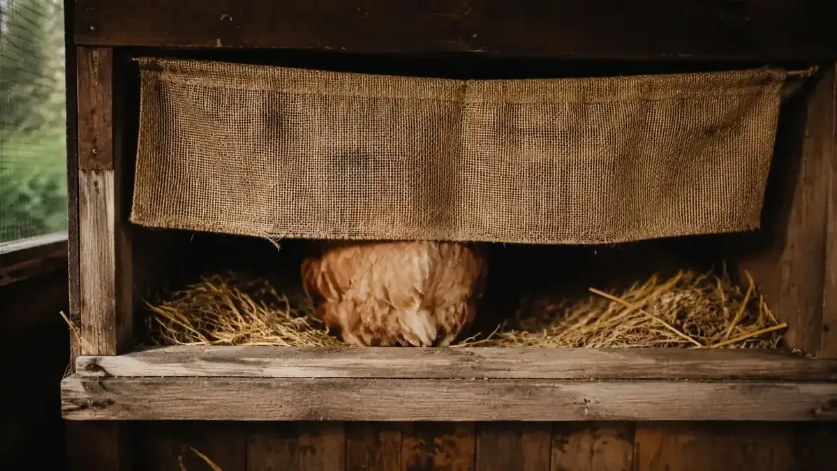 A chicken nesting box with a curtain made from burlap hanging across the opening for privacy