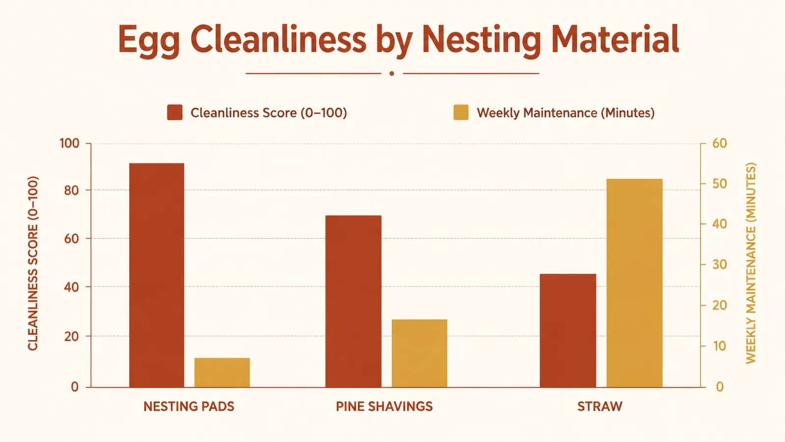 Chart comparing egg cleanliness methods showing nesting pads, pine shavings, and straw rated by cleanliness and maintenance effort