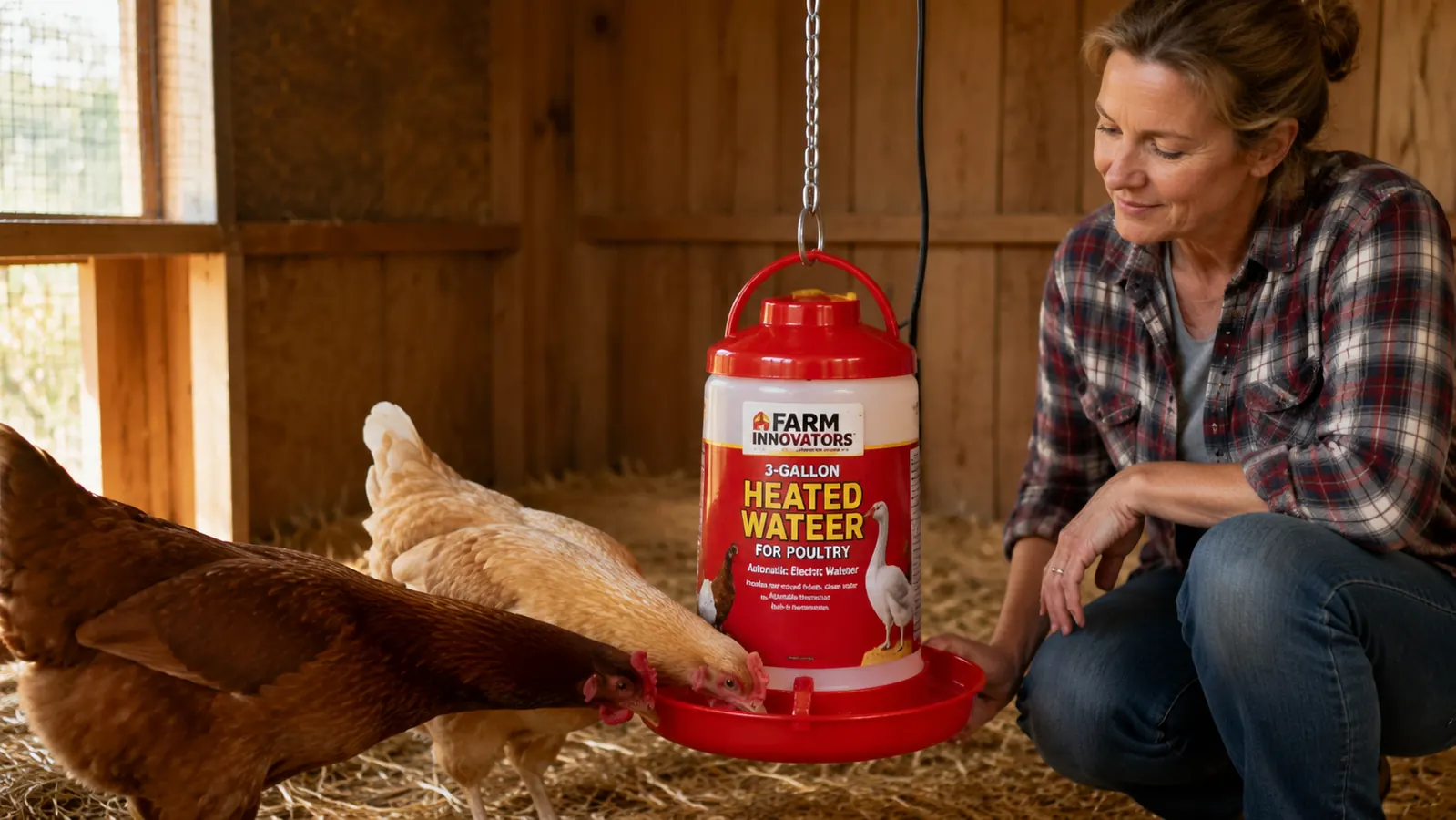 Farm Innovators 3-gallon heated waterer hanging inside a chicken coop, hens drinking from the base tray