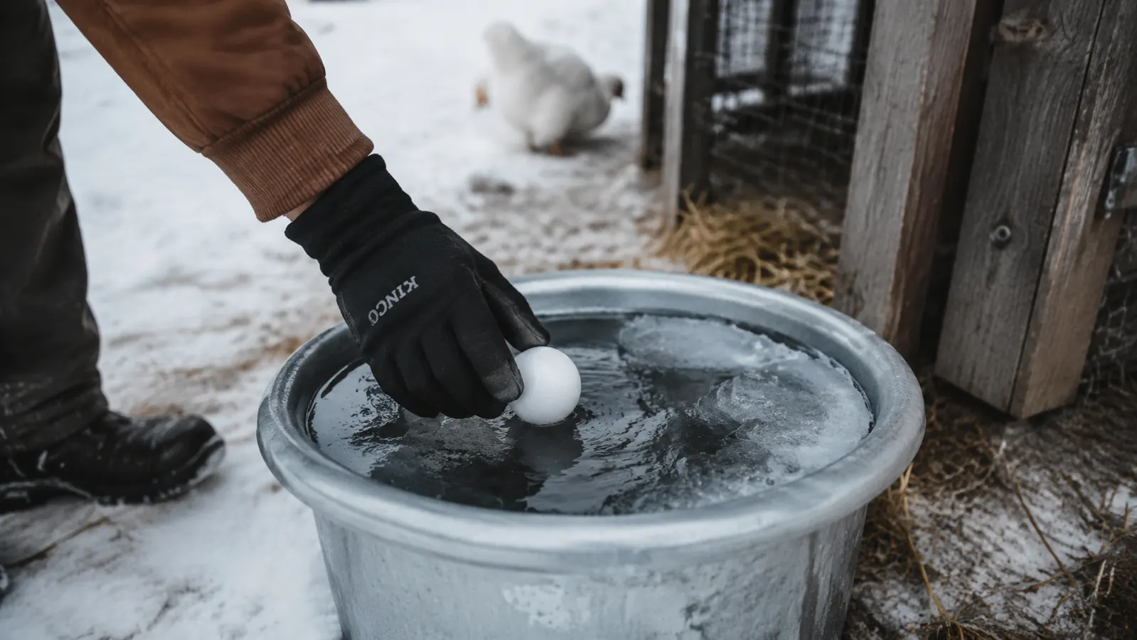 Hand placing a ping pong ball into a metal chicken waterer bowl surrounded by ice and snow