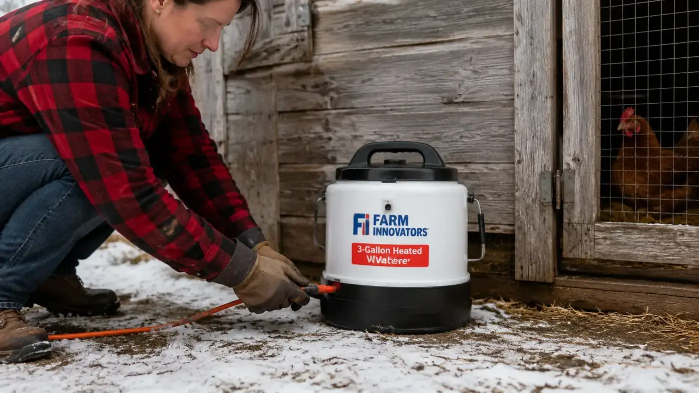 Farm Innovators heated waterer power cord plugged into a weatherproof outdoor extension cord in a winter coop