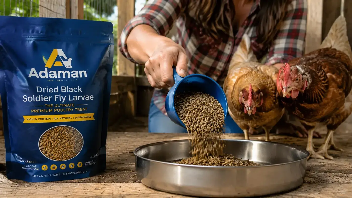 Hand pouring Adaman dried black soldier fly larvae from a blue measuring cup into a shallow metal pan on a coop floor