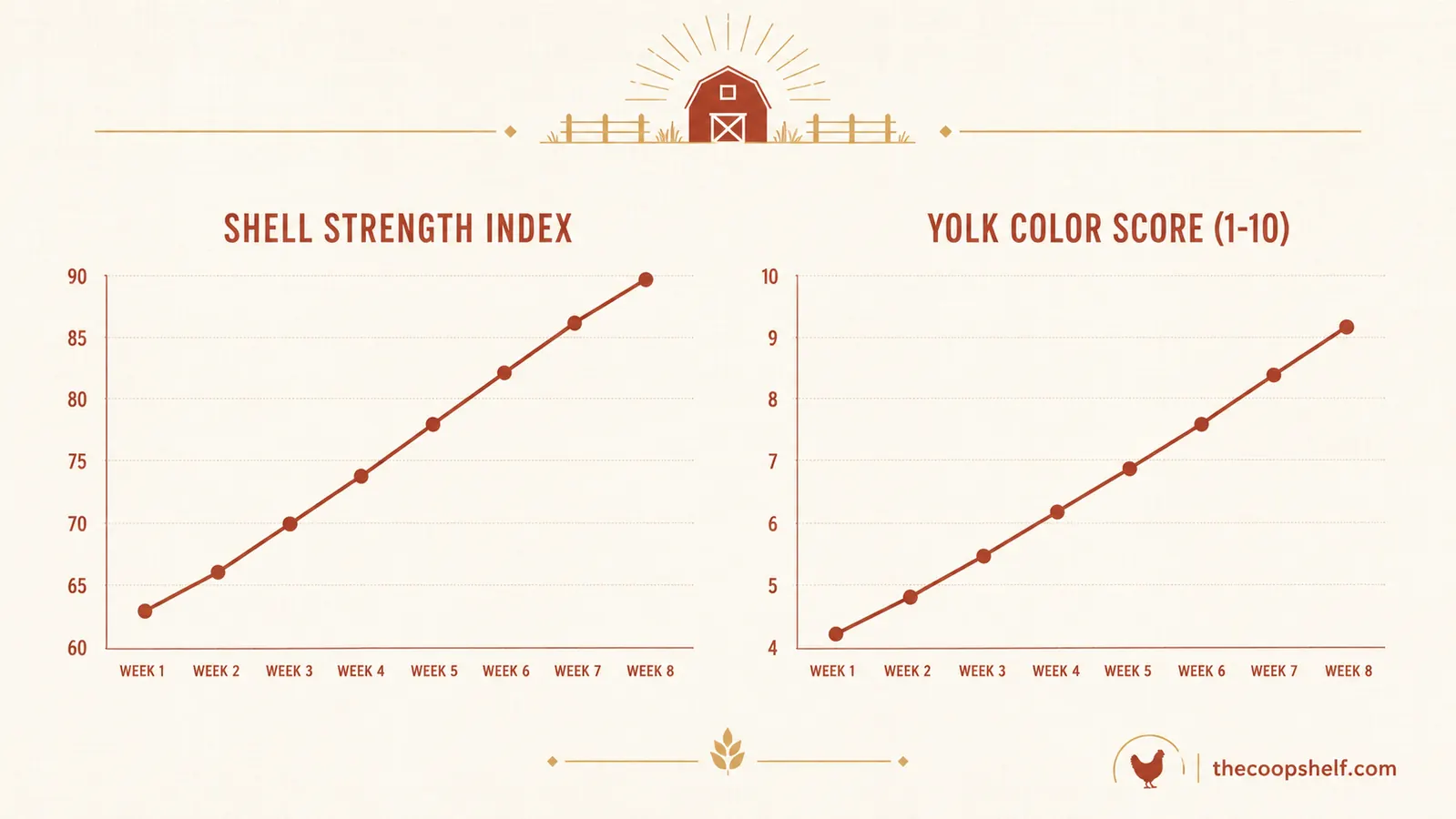 Side-by-side comparison chart of egg shell strength and yolk color score over eight weeks of BSFL supplementation
