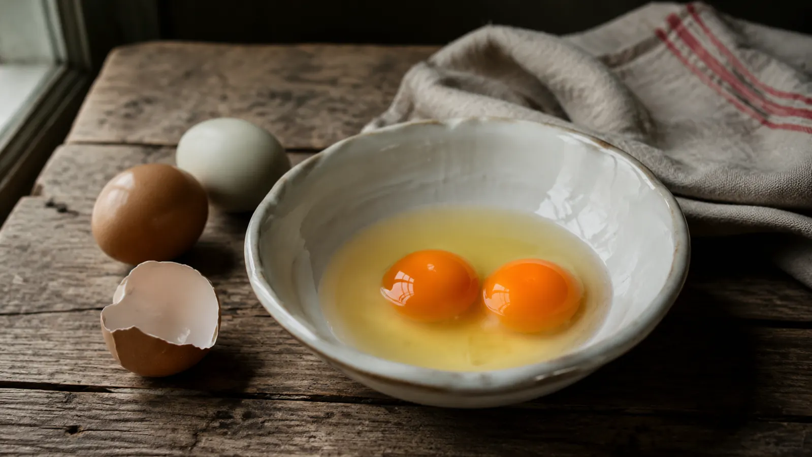 Close-up of two fresh backyard eggs cracked into a white bowl showing deep orange yolks