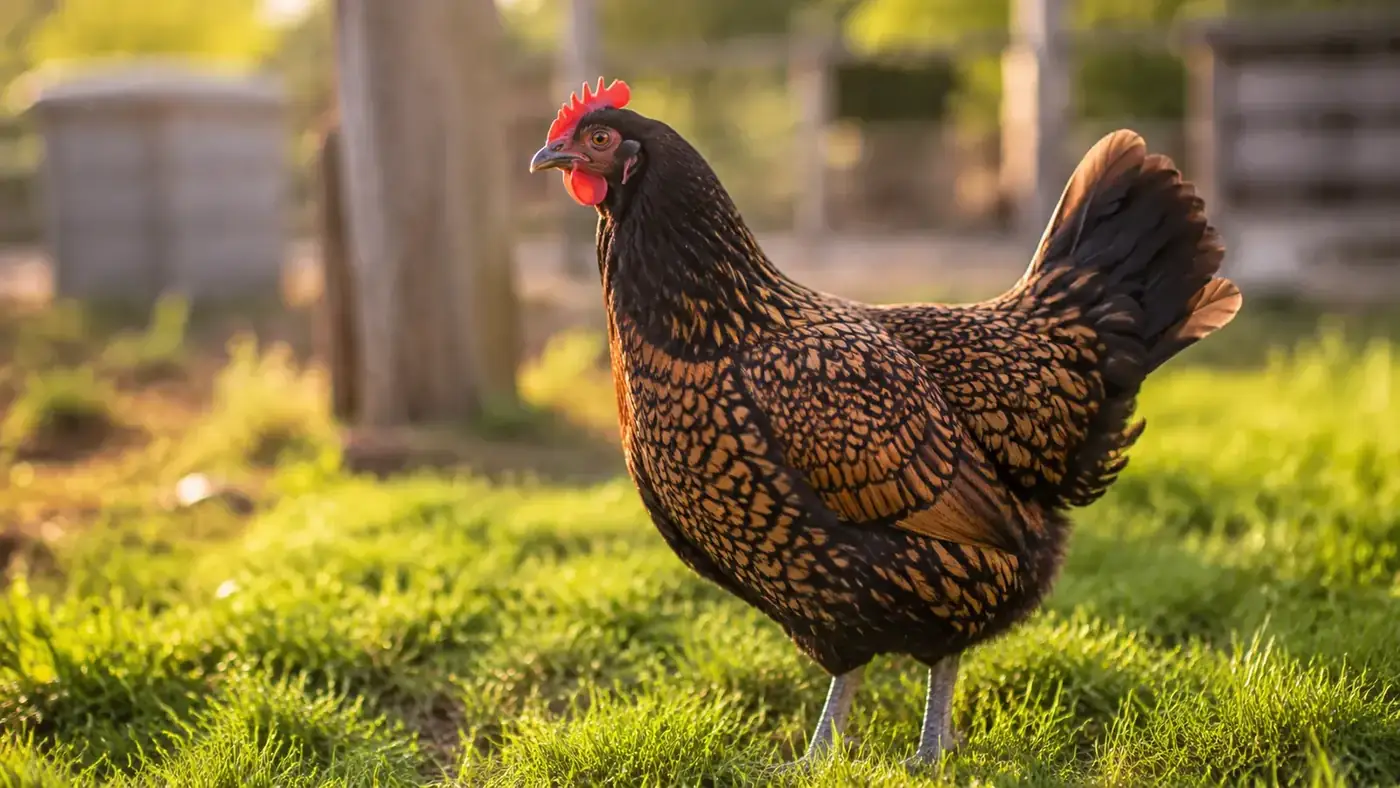 Hen with newly regrown glossy feathers after a hard fall molt, standing in green grass