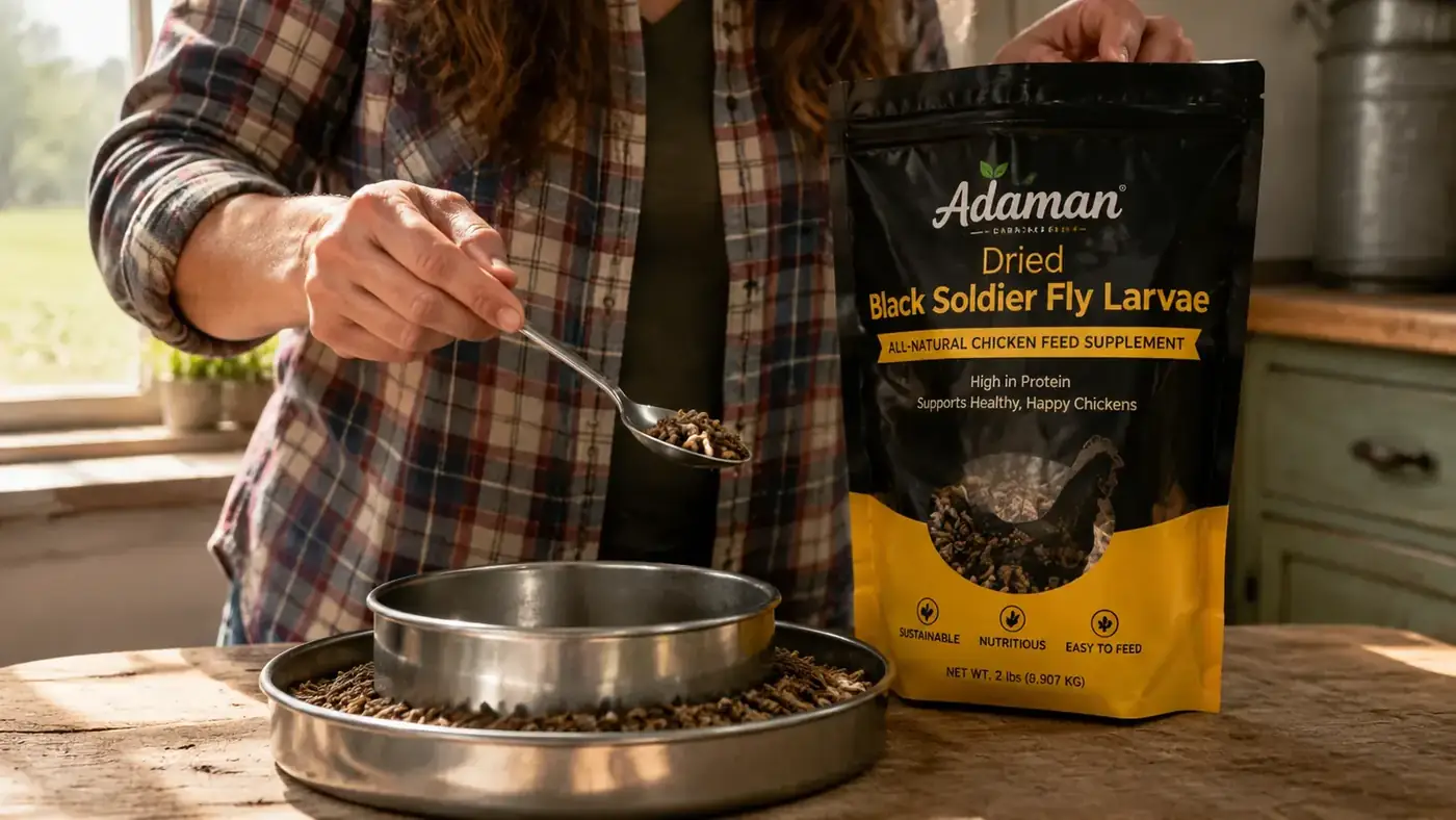 Hand scooping a tablespoon of Adaman dried black soldier fly larvae from a resealable bag over a stainless steel bowl