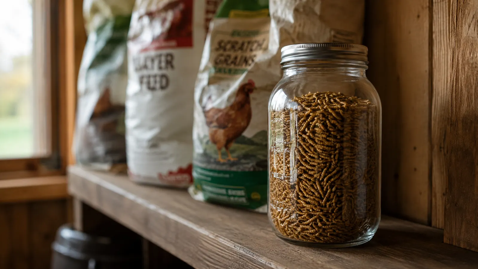 A sealed wide-mouth glass mason jar filled with dried black soldier fly larvae sitting on a wooden pantry shelf next to chicken feed bags
