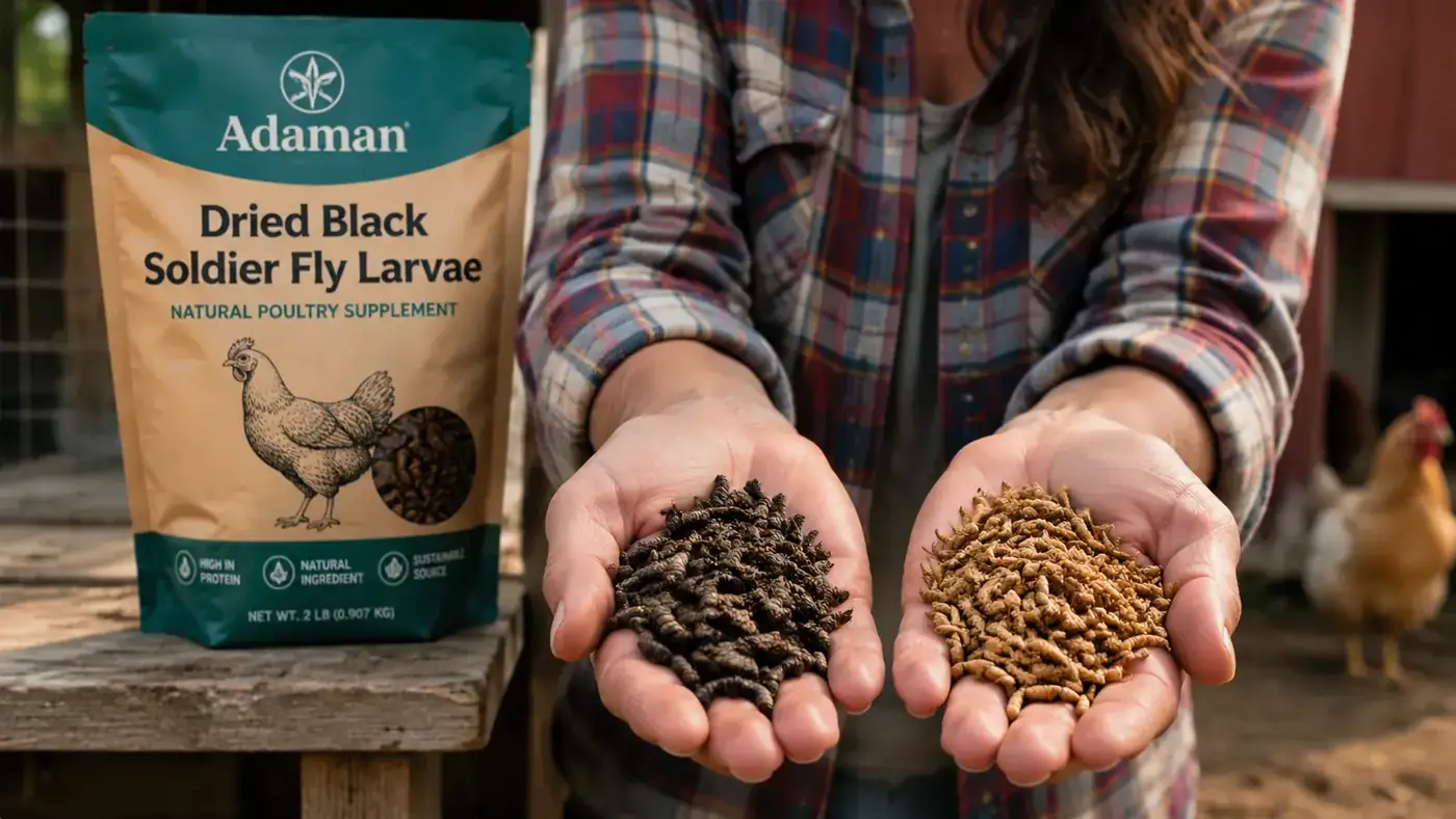 Close-up of Adaman dried black soldier fly larvae in a palm alongside a handful of dried mealworms, showing size and color difference side by side
