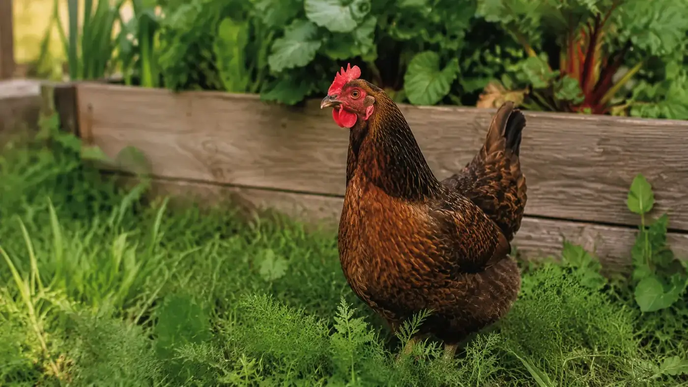 Hen with glossy feathers and a full rounded tail scratching in a garden bed, looking healthy and alert