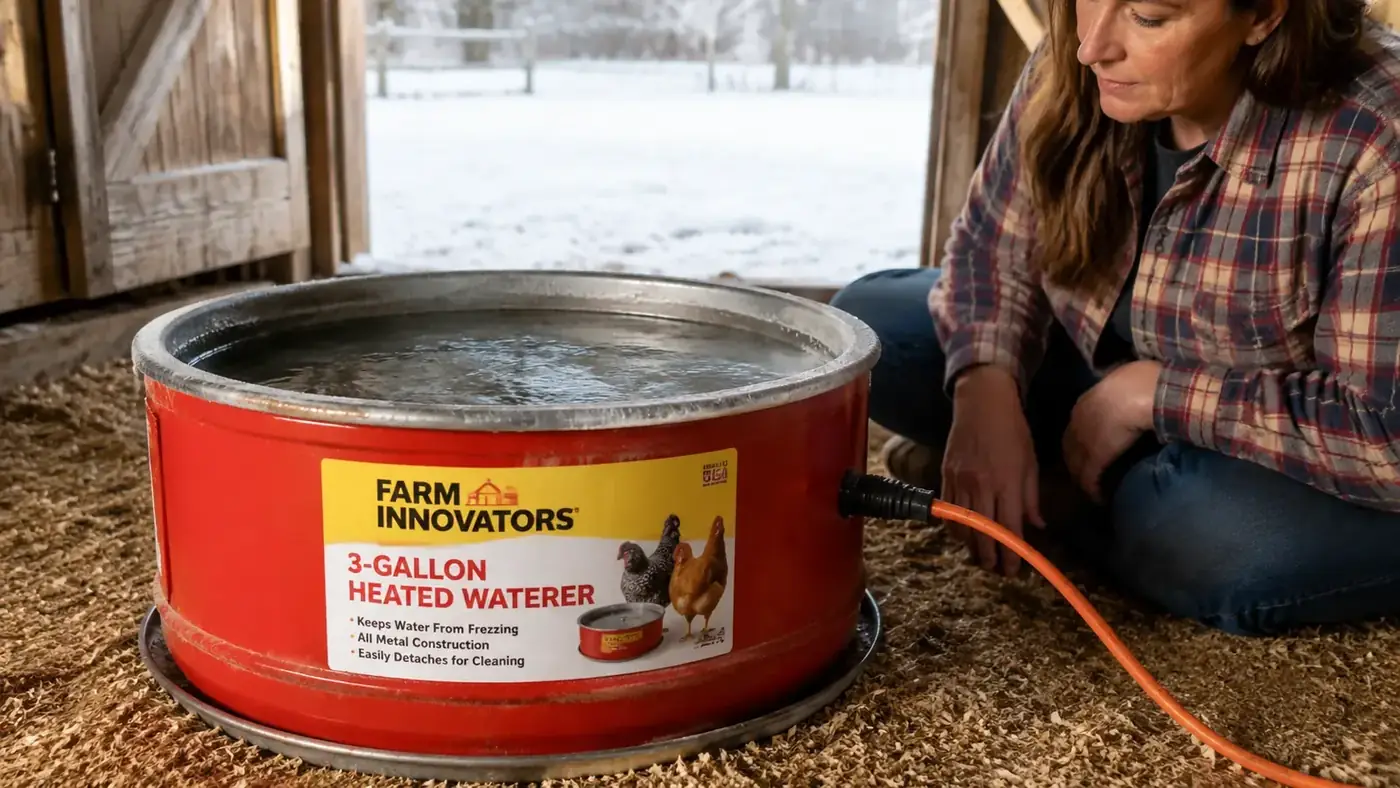 Close-up of the Farm Innovators heated waterer rim with a thin ring of ice around the outer trough edge despite the unit being plugged in