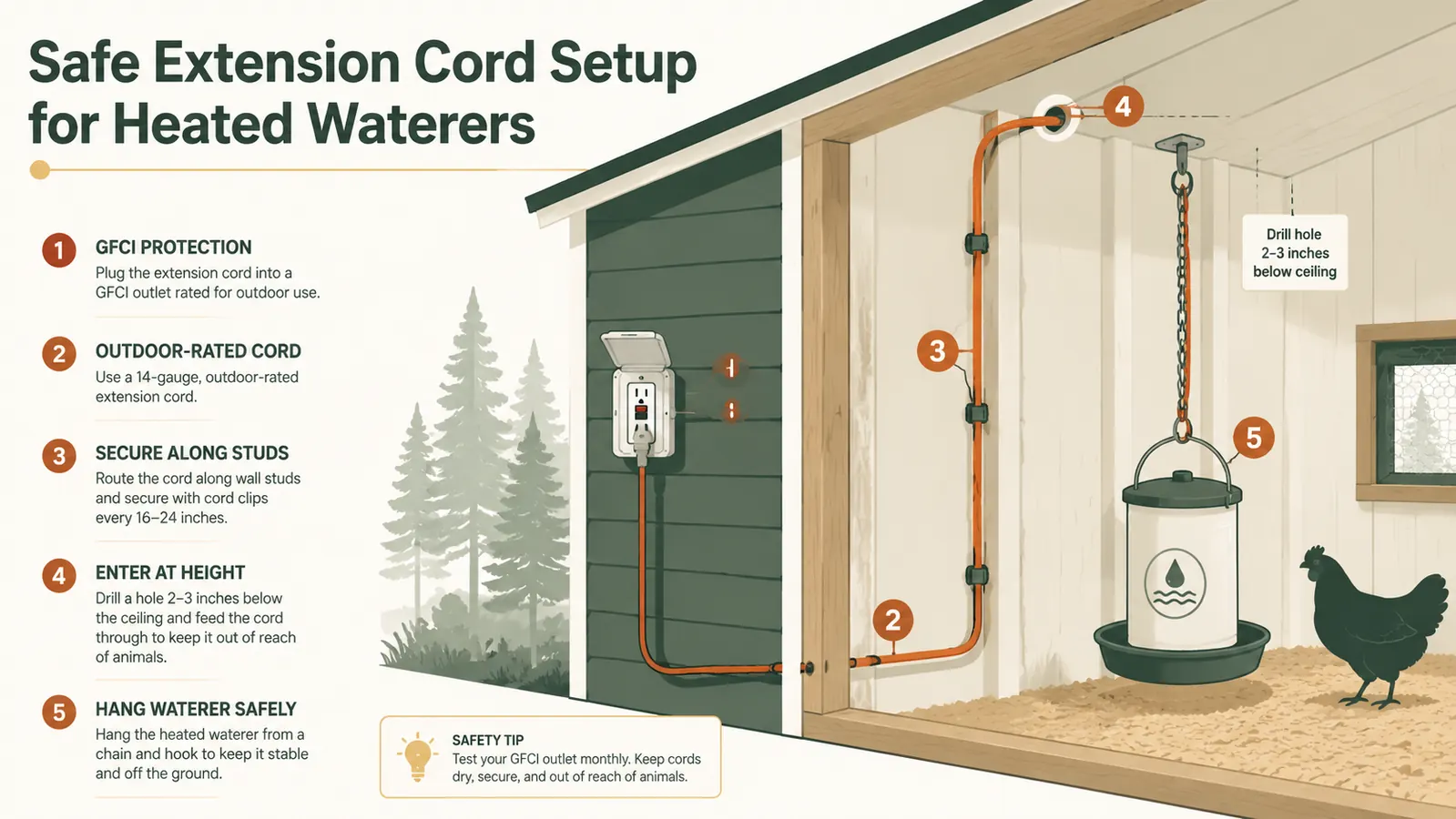 Diagram showing correct GFCI outdoor extension cord setup for a heated chicken waterer in a coop, with cord routed away from bedding