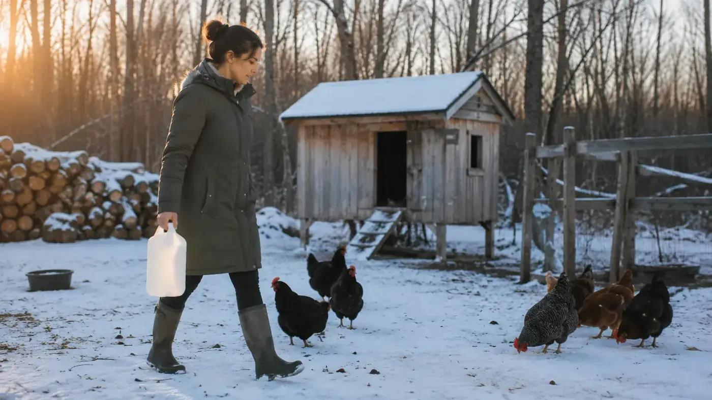 Woman in winter coat refilling a Farm Innovators heated waterer by carrying a gallon jug across a snowy backyard toward a small chicken run