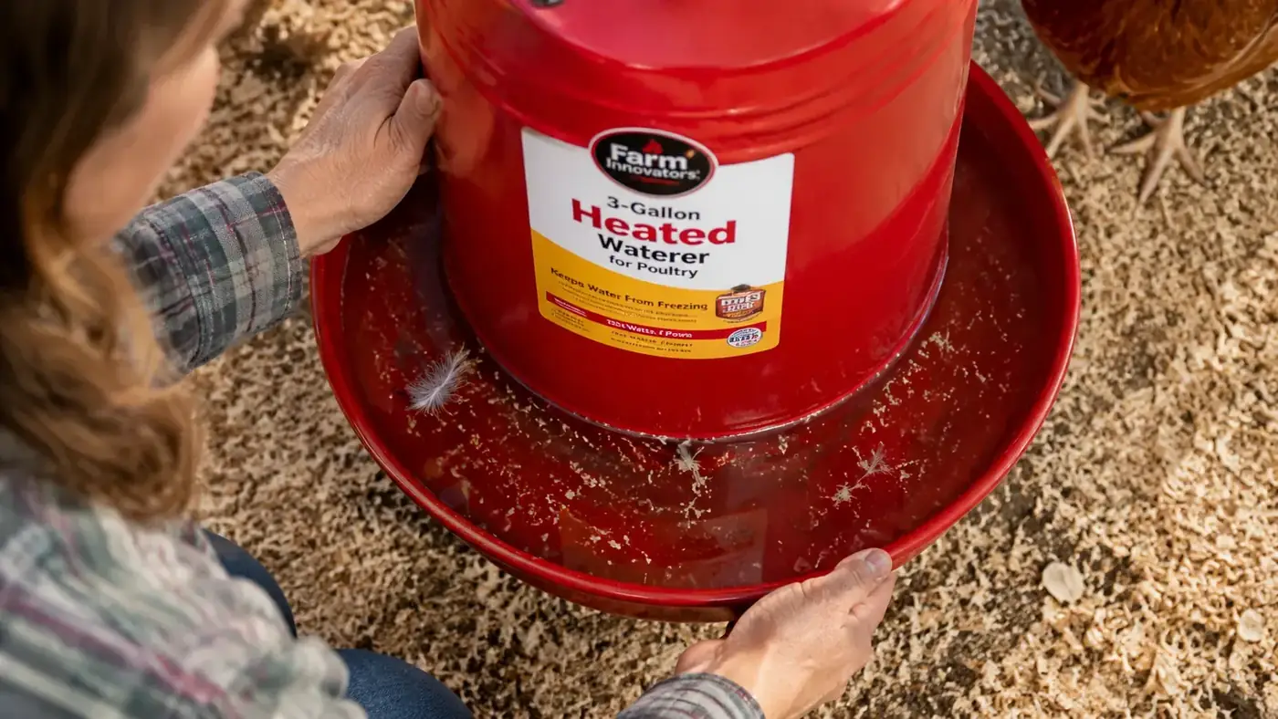 Debris and pine shavings floating in a chicken waterer trough, showing typical contamination from chickens scratching near the waterer