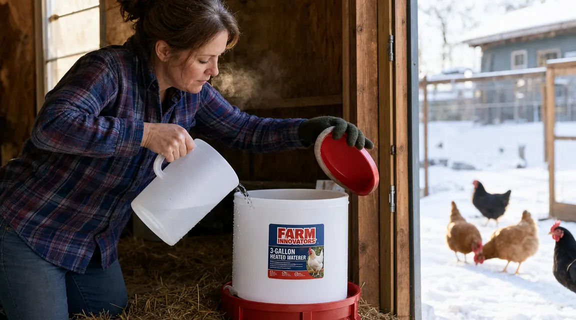 Hand filling the Farm Innovators heated waterer from a plastic pitcher over a snowy coop run
