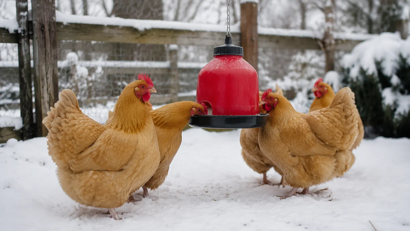 Five buff Orpington hens drinking from a red waterer in a snowy outdoor run