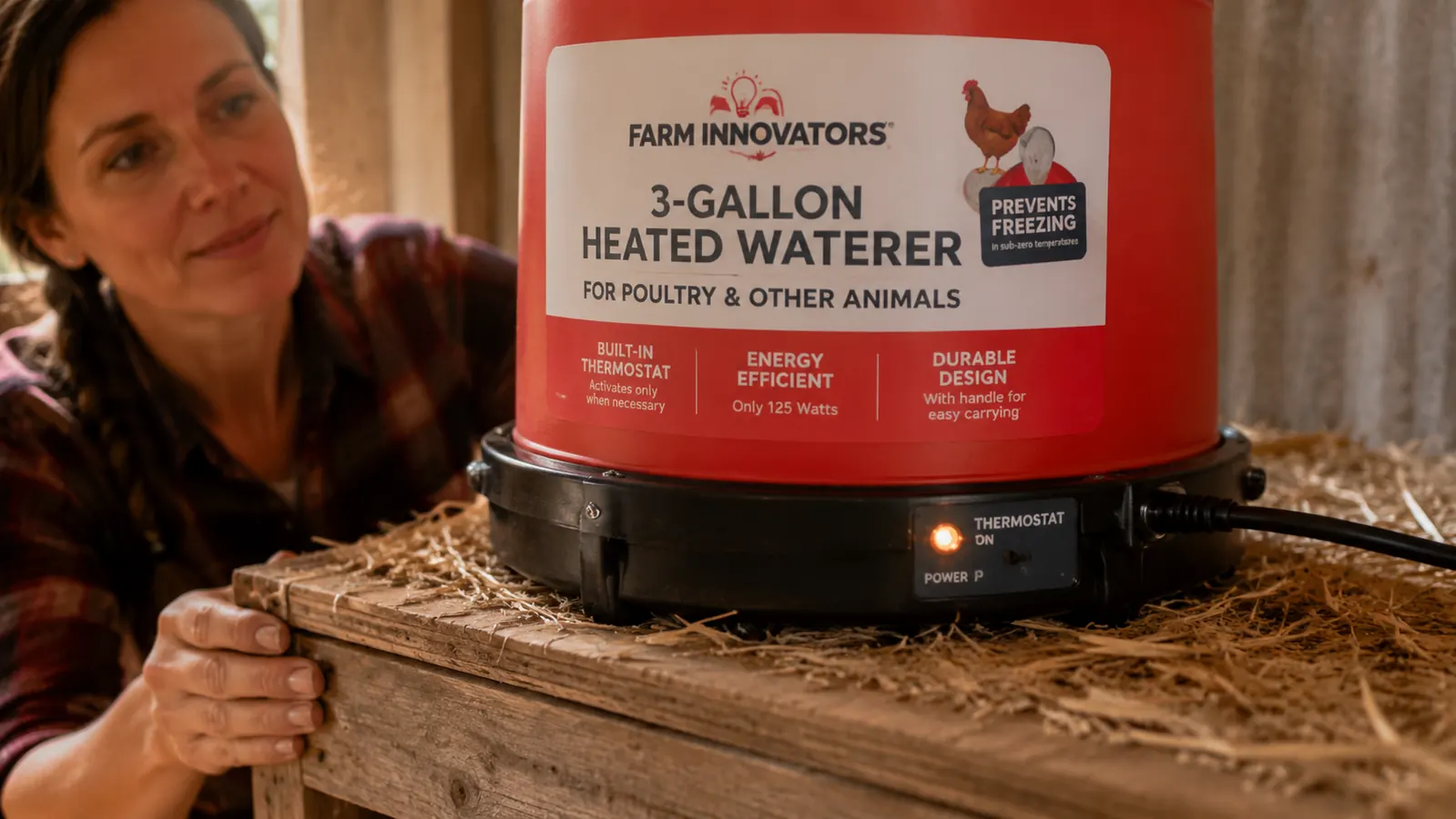 Close-up of the Farm Innovators waterer base showing the thermostat and power cord connection point