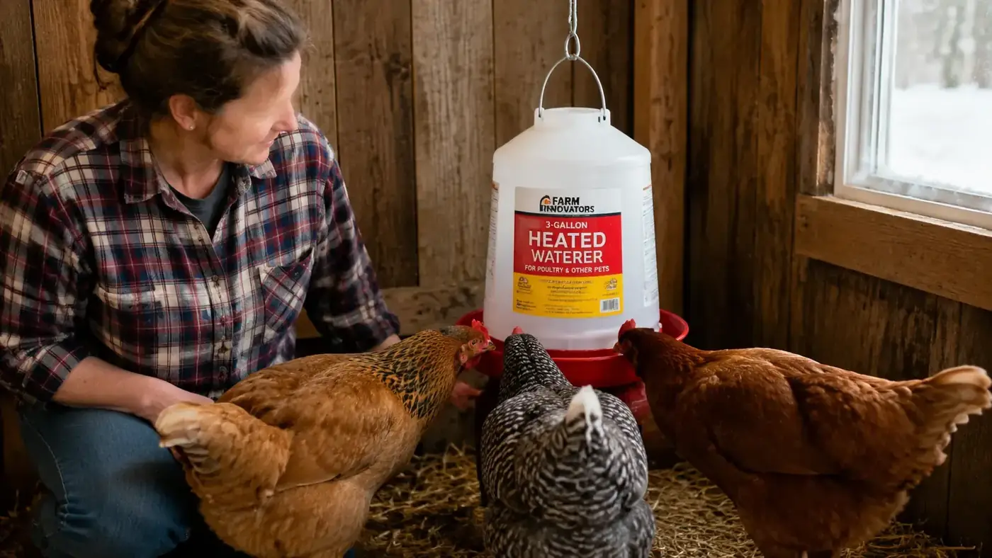 Farm Innovators 3-gallon white plastic heated chicken waterer hanging in a coop with chickens drinking from the base tray