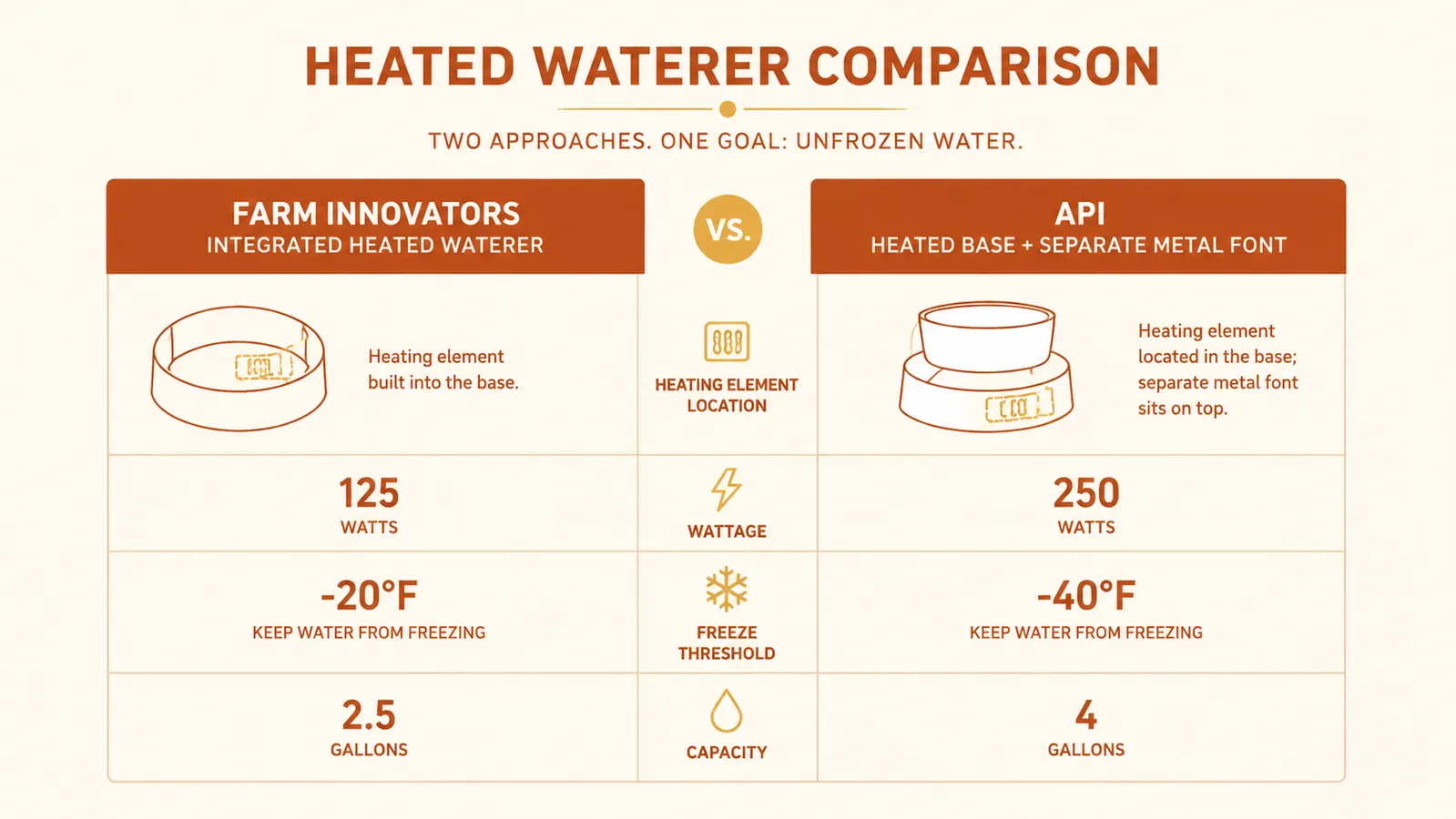 Side-by-side comparison diagram of Farm Innovators integrated heated waterer versus API heated base with separate metal fountain on top