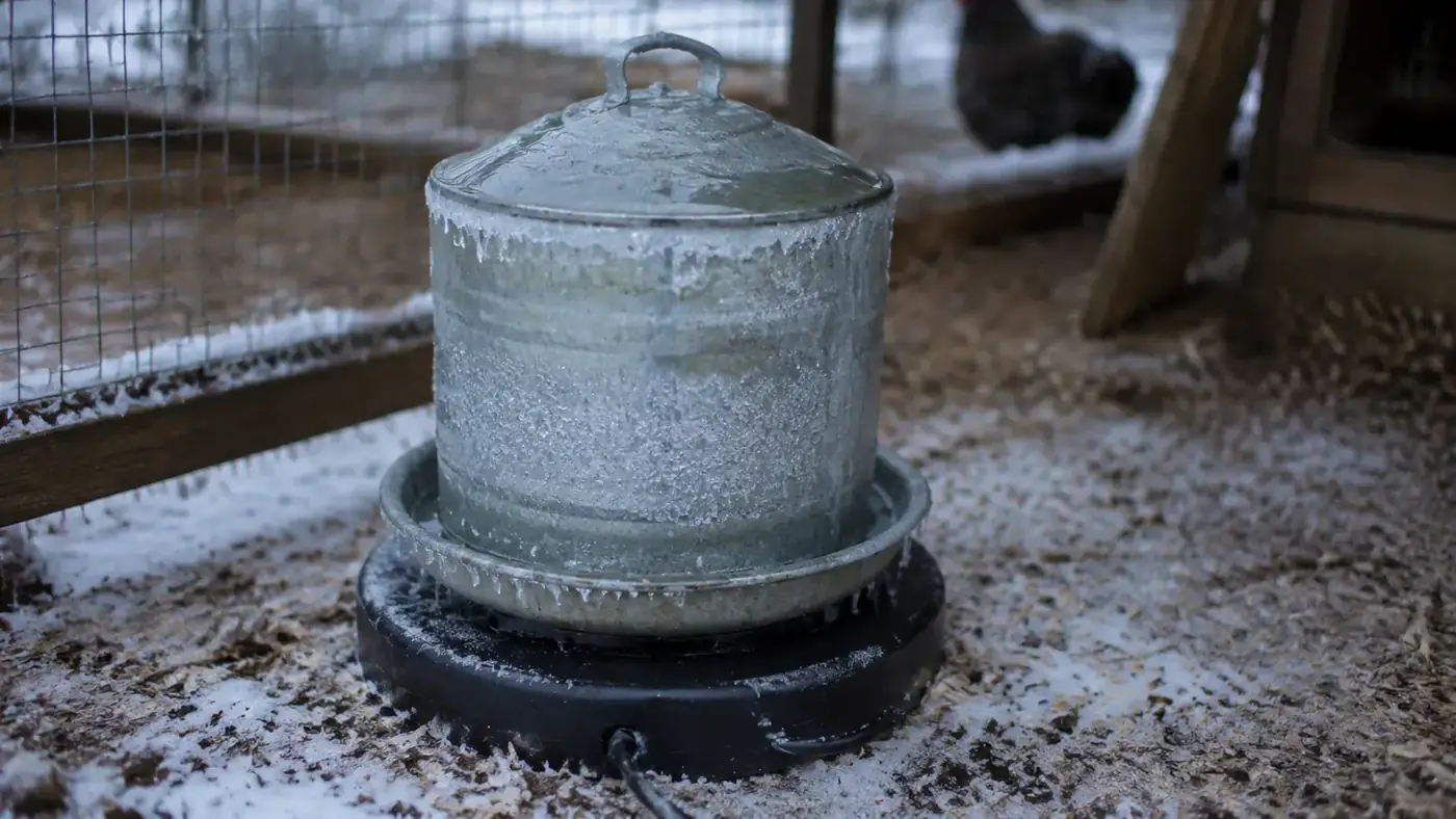 Close-up of frost on the outside of a galvanized metal waterer sitting on a heated base inside a snowy coop run
