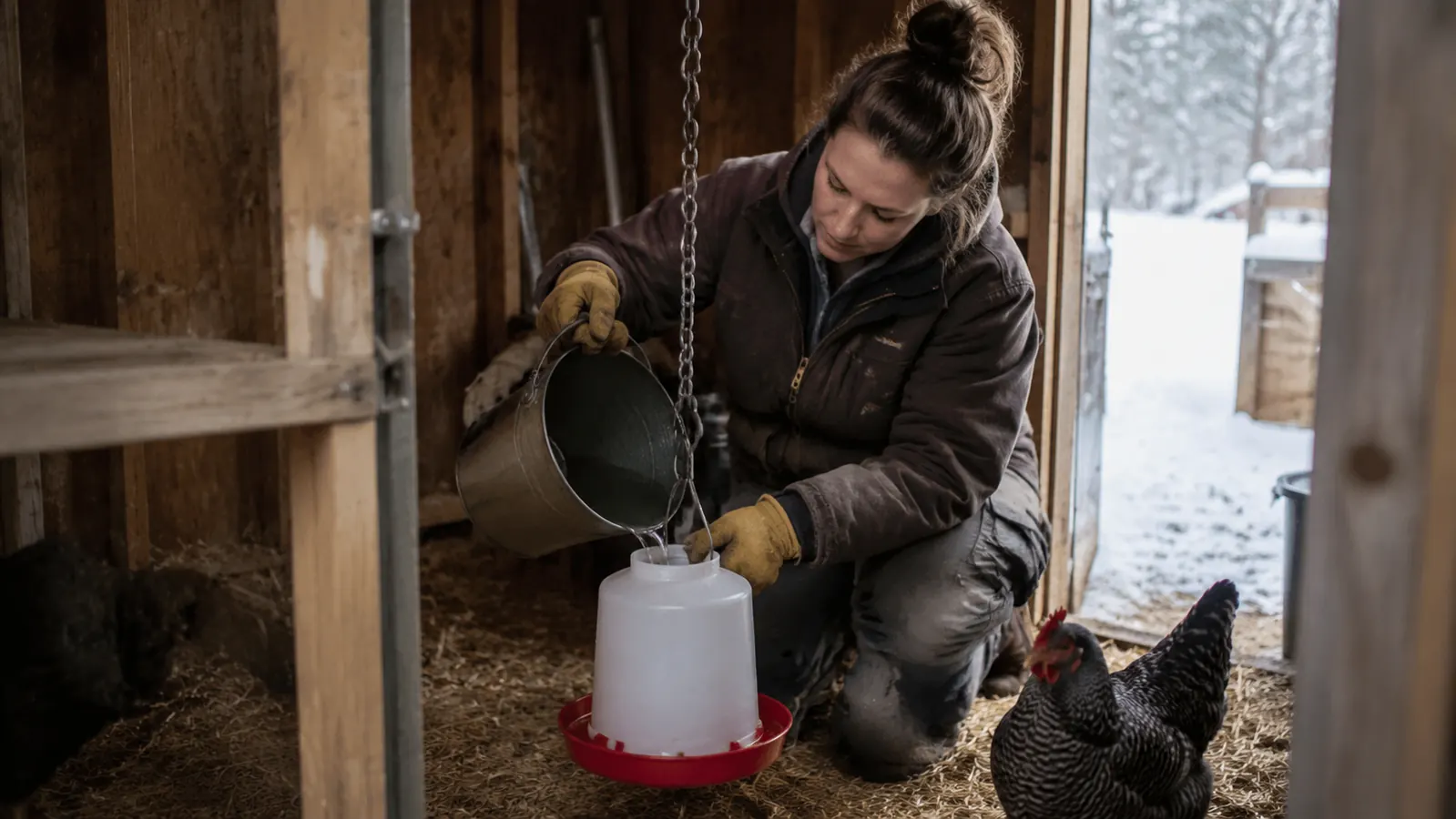 Chicken keeper wearing insulated gloves refilling a heated waterer in a snowy backyard coop during winter
