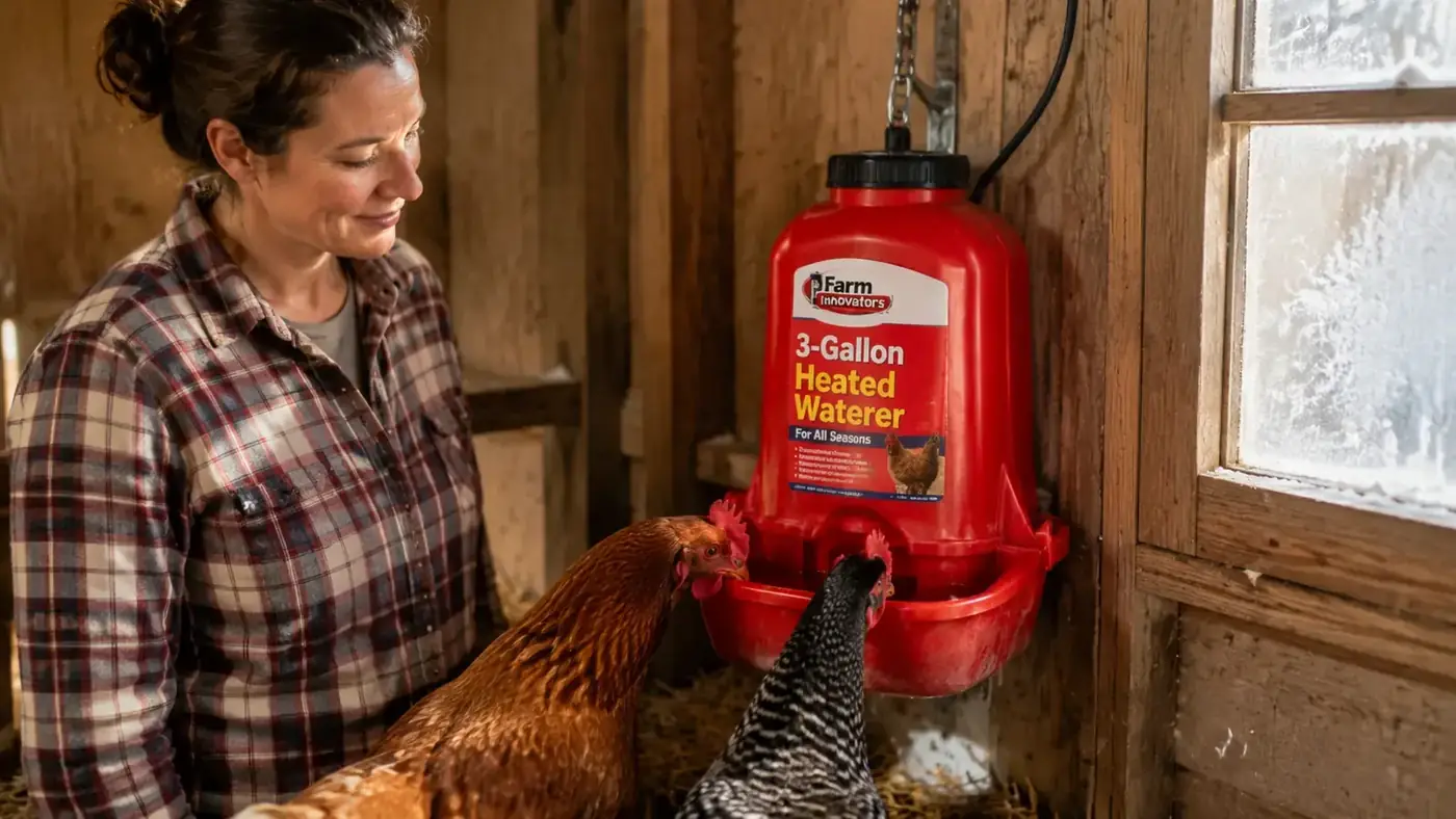 Farm Innovators 3-gallon heated waterer hanging in a coop, chickens drinking from the trough rim while snow is visible through the coop window