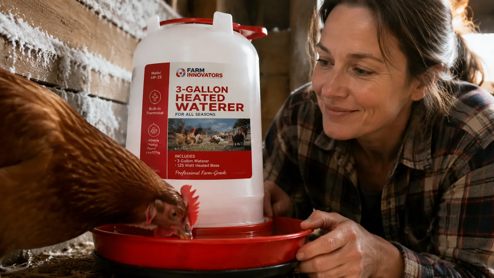 Close-up of a chicken pecking at open liquid water in a red heated waterer trough with frost and snow visible in the background through a coop window