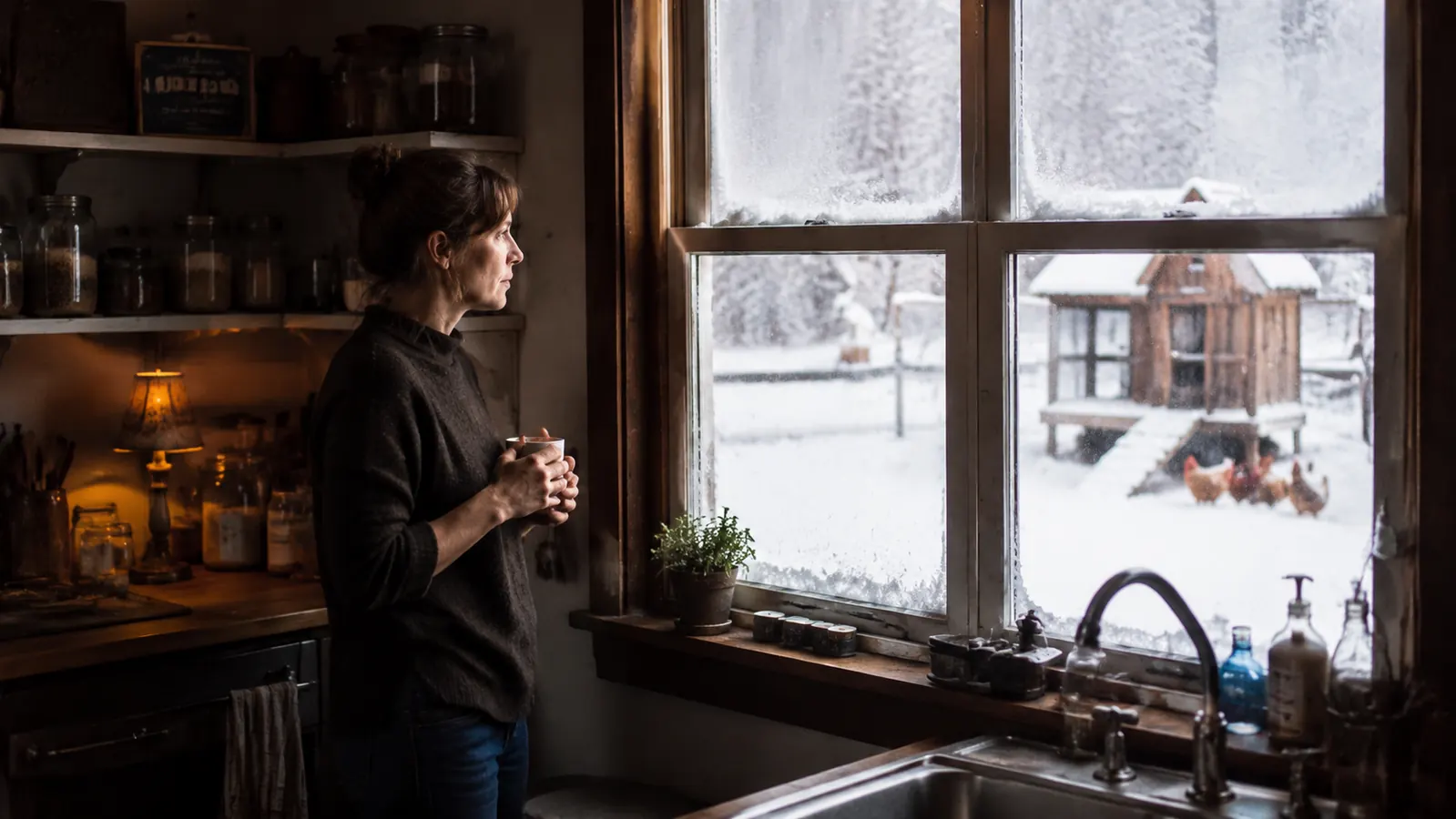 Kasandra standing at her kitchen table with a coffee mug, looking out a frosty window toward the backyard coop, relaxed and warm