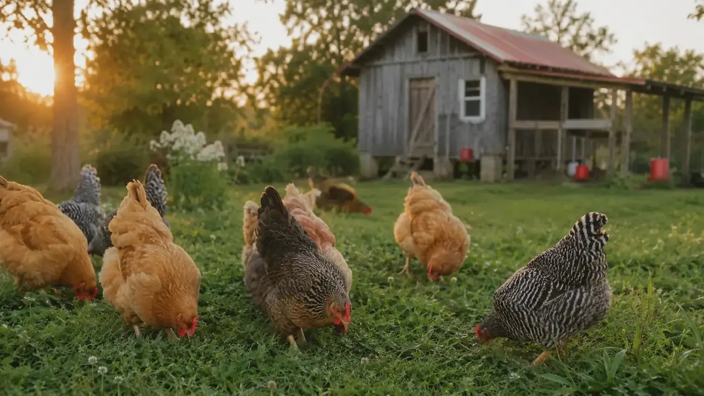 A backyard chicken keeper in a flannel shirt at her run fence at golden hour, mixed flock around her feet, weathered hands holding feed
