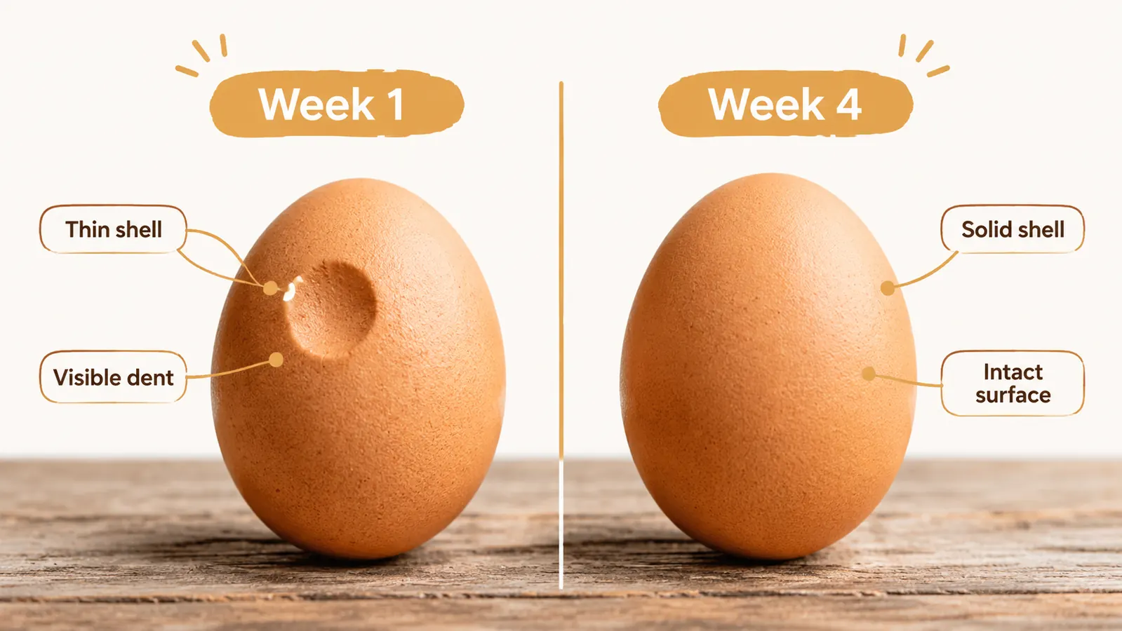 Two eggs side by side on a wooden surface, one clearly thicker and more robust than the other