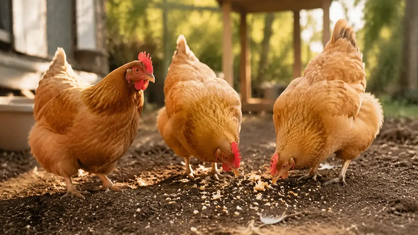 Three hens eagerly pecking at a treat scattered on the ground in a backyard run