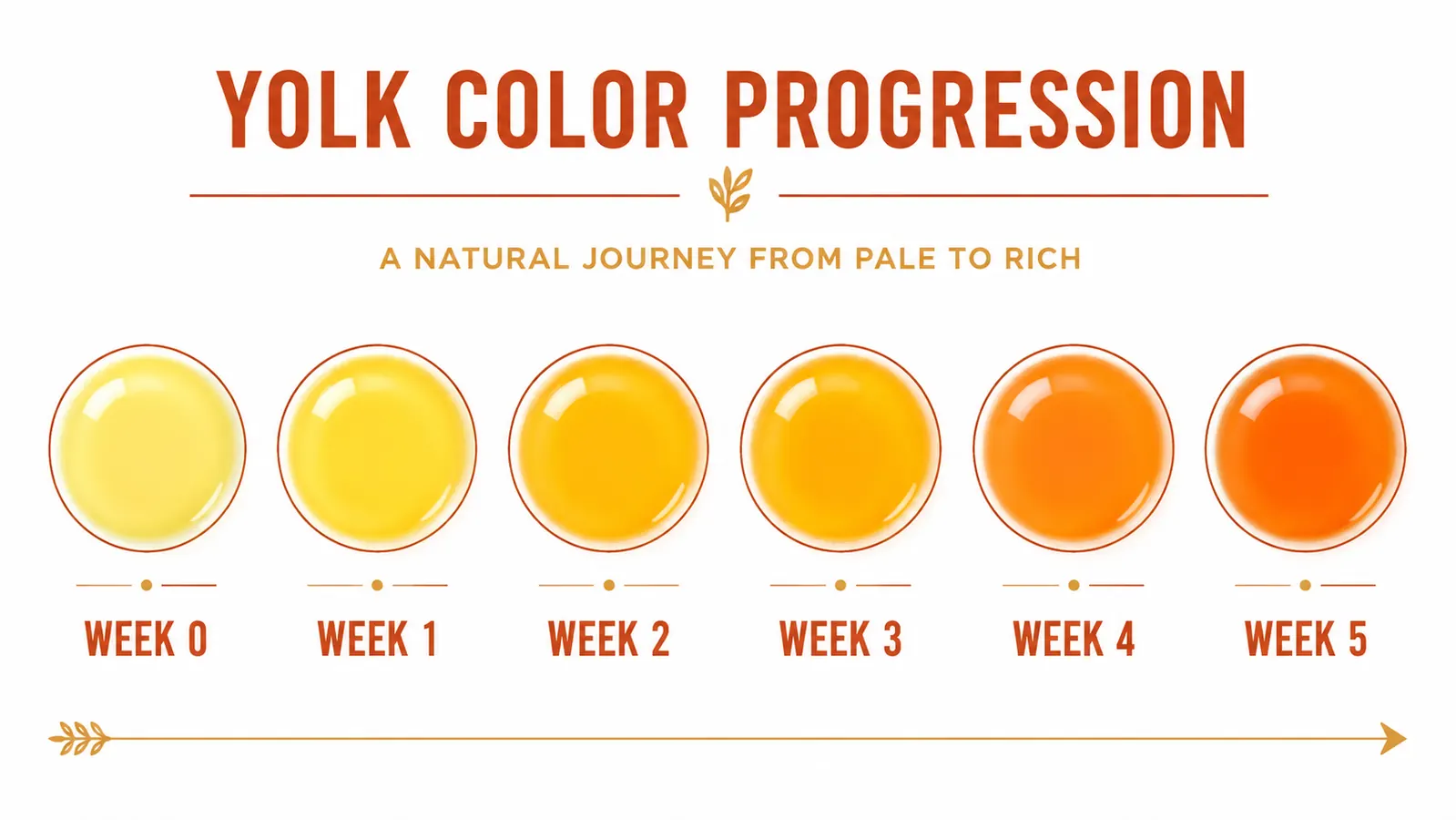 Yolk color progression chart from pale yellow to deep orange across a five-week period with week labels