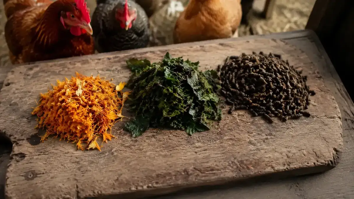 Bowl of marigold petals next to dried greens and black soldier fly larvae arranged on a wooden cutting board