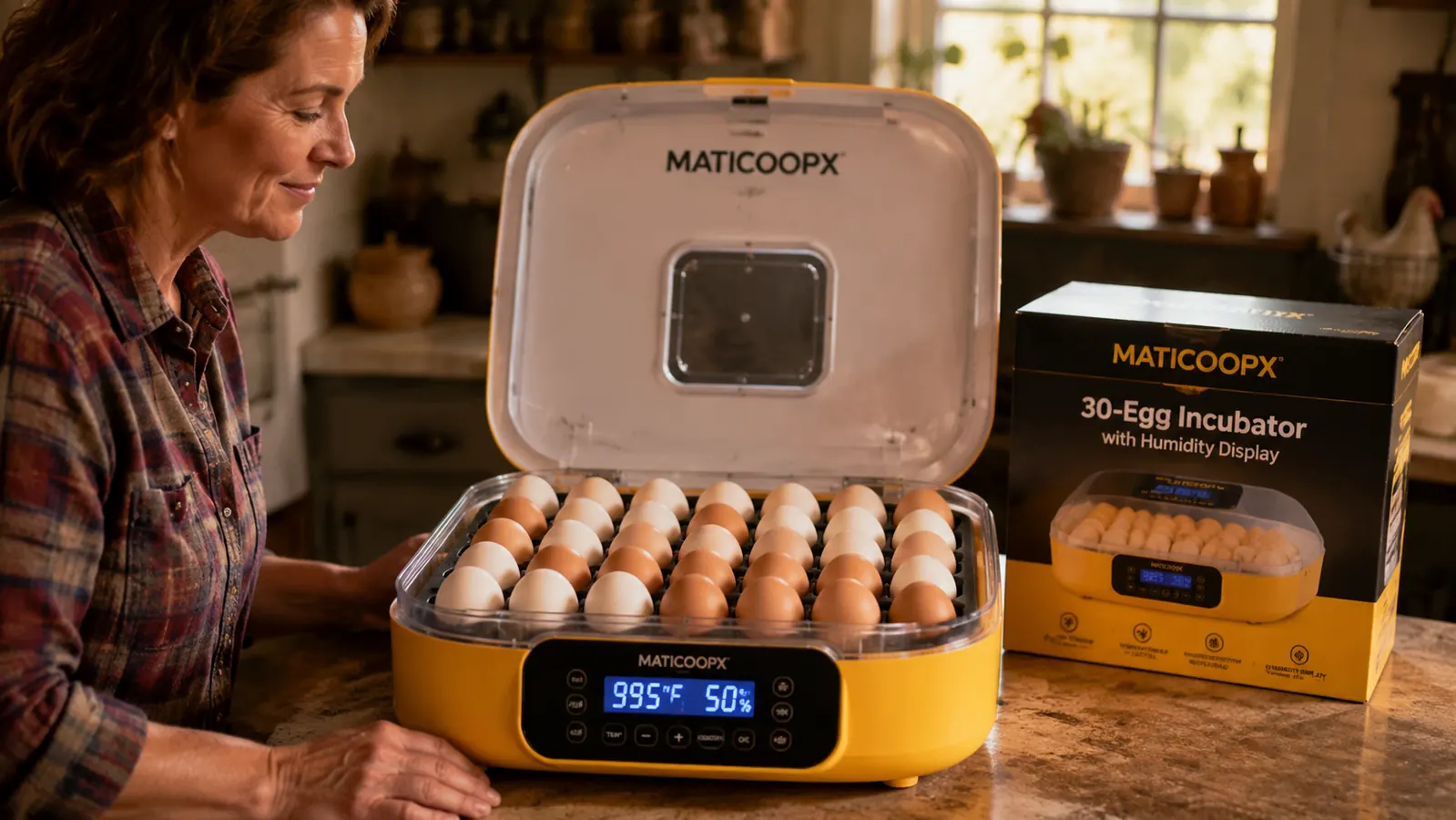 MATICOOPX 30-egg incubator with eggs loaded in the auto-turner tray, digital display showing 99.5F and 50% humidity