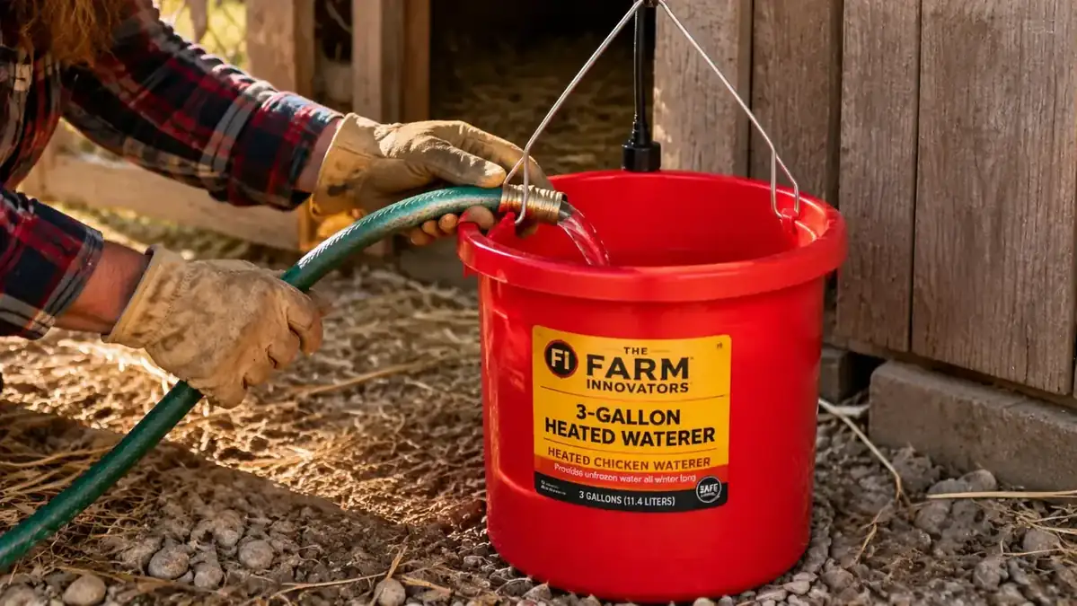 Hands filling a red 3-gallon Farm Innovators heated waterer before mounting it in the coop
