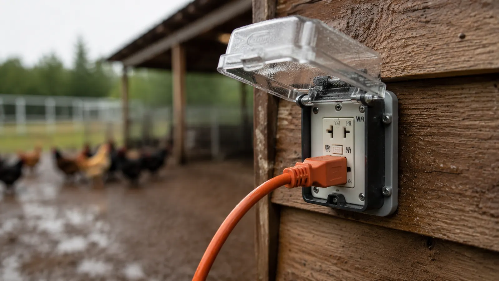 GFCI outdoor outlet with a weatherproof in-use cover mounted on exterior coop wall, orange extension cord plugged in