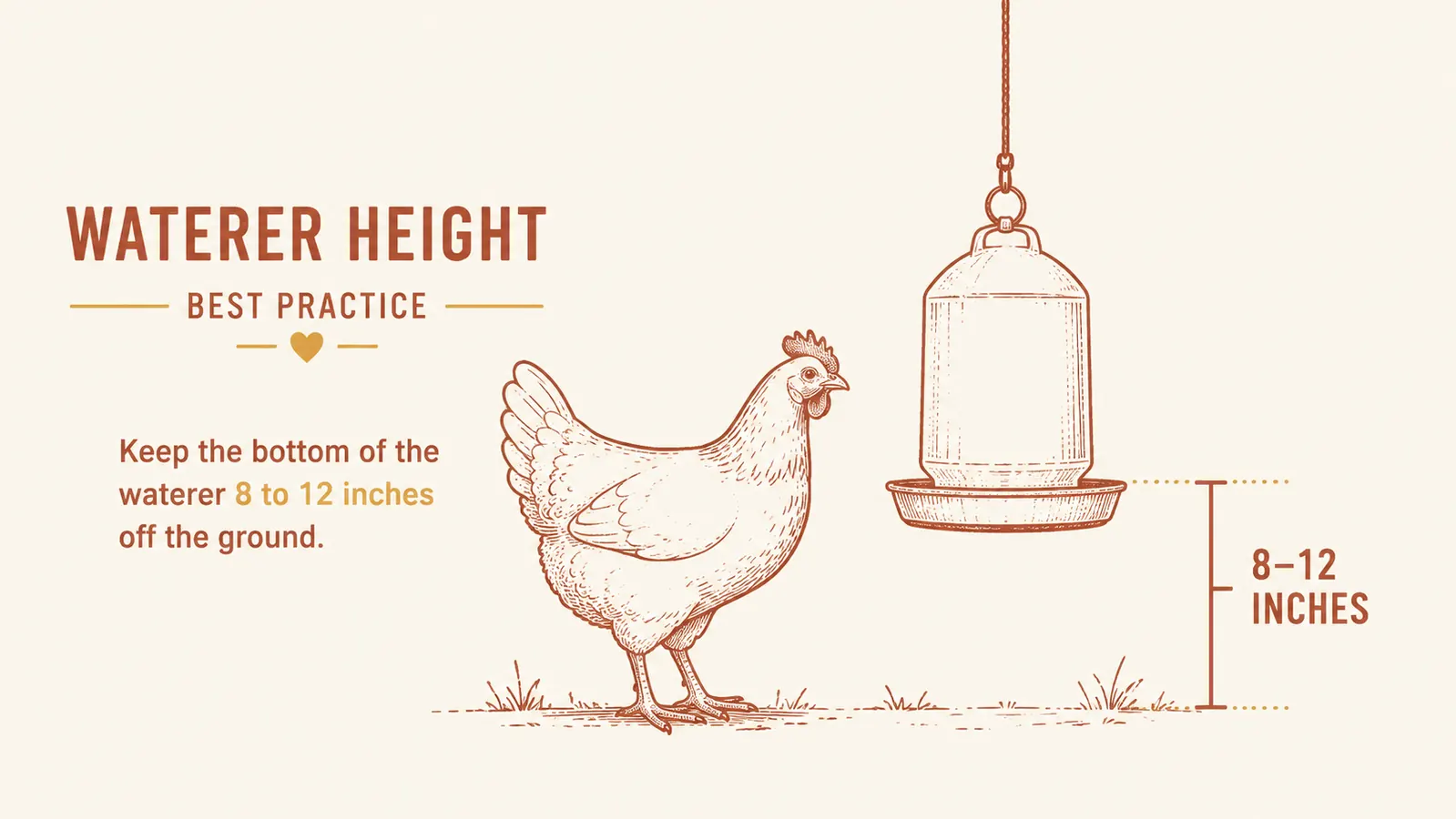 Chart showing correct heated waterer height versus ground level and the optimal hanging range for chickens