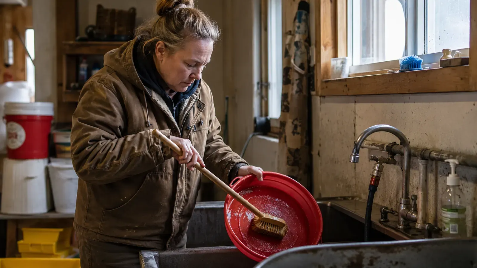 Person scrubbing the inside of a red plastic chicken waterer over a utility sink in winter