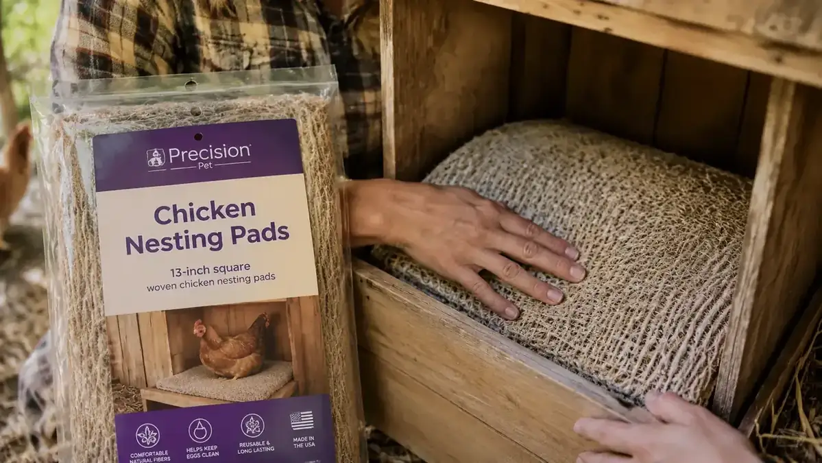 Hand placing a Precision Pet nesting pad into a wooden nest box