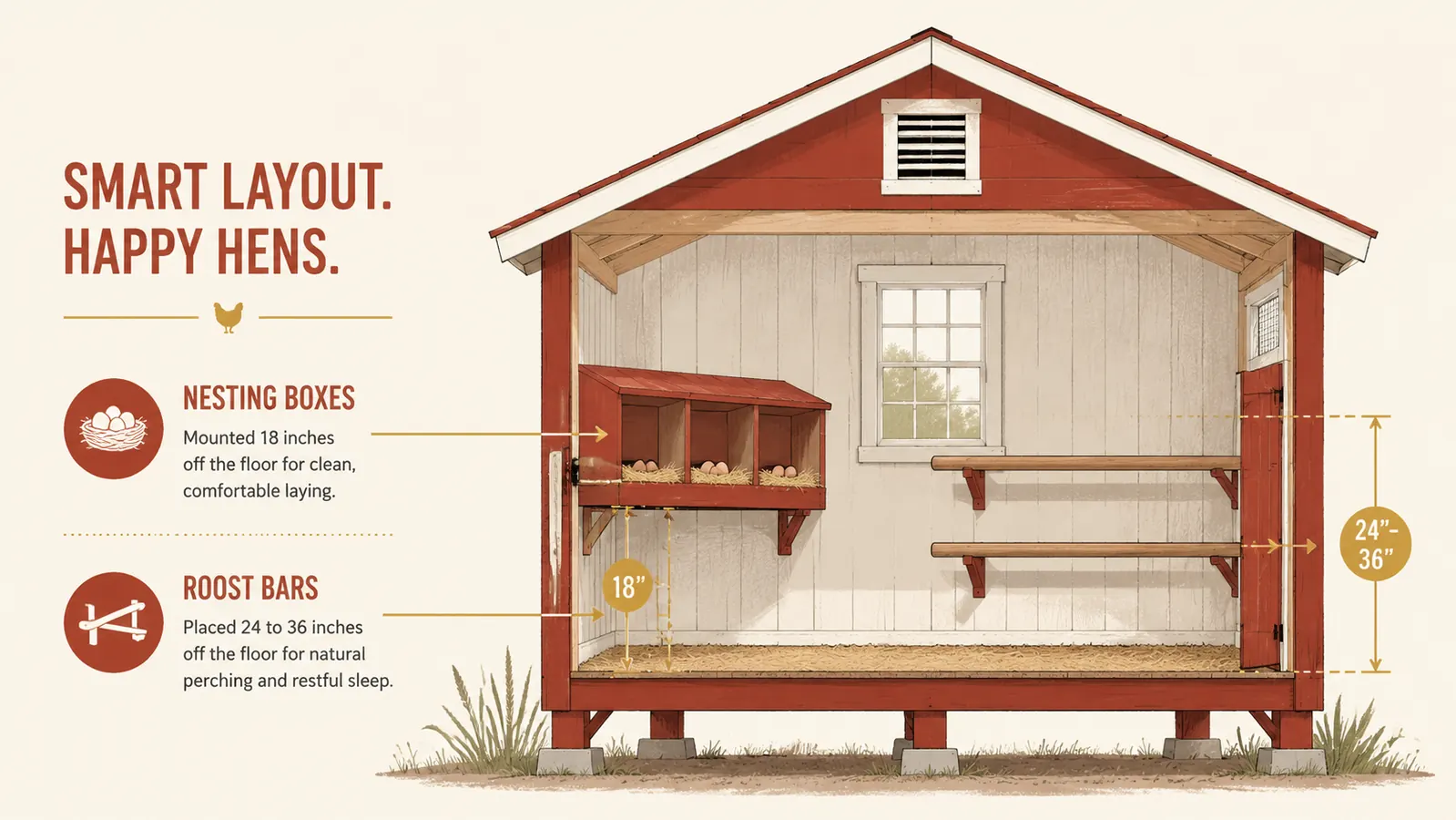 Diagram showing nesting box height placement at 18 inches off the coop floor, lower than roost bars