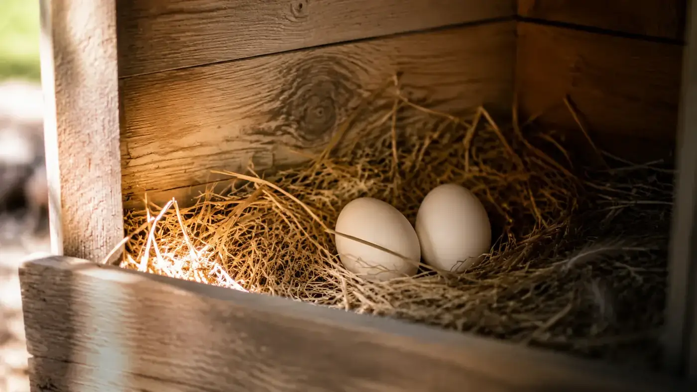 Ceramic decoy eggs sitting inside a straw-lined nesting box