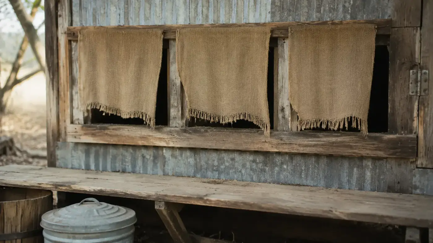 Burlap nesting curtains hanging over the entrance of a row of nest boxes in a chicken coop